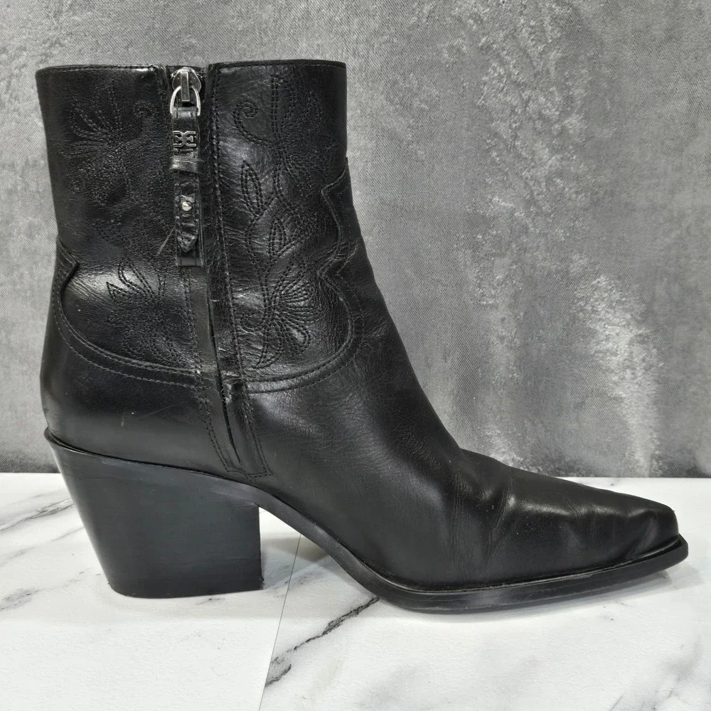 Sam Edelman Wilda Western Boots Womens 9 Black Leather Embroidered Pointed Ankle